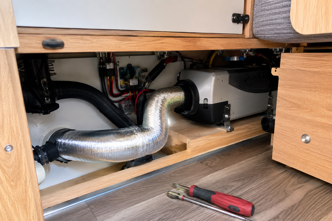 Flexible diesel heater duct installation inside camper van